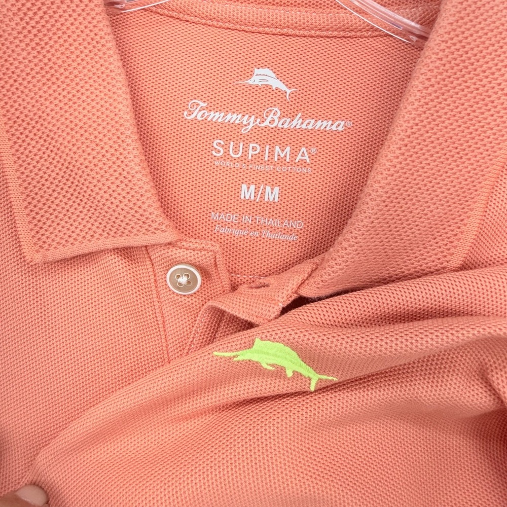 Tommy Bahama Supima Polo Shirt Mens M Coral Pink Cotton Marlin Logo Short Sleeve